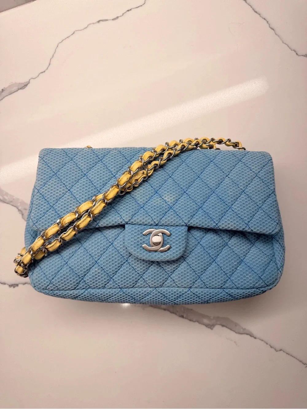 CHANEL Blue Quilted Perforated Jersey Shoulder Bag with  Chain